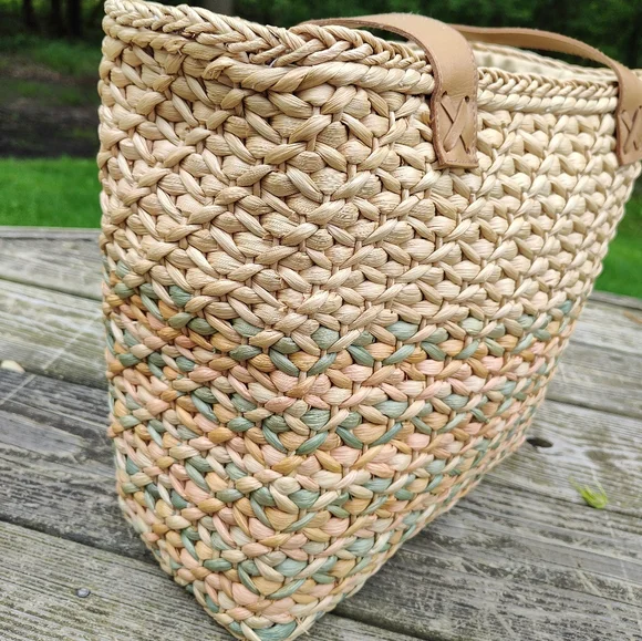 Woven Square Beach Tote Bag Straw Corn Husk Cotton Lined Natural Blue Pink - Picture 8 of 13